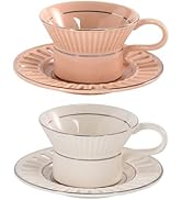 KAMMAK Tea Cups and Saucers Set of 2, 6.7oz Porcelain Coffee Cups with Saucers, Ceramic Espresso ...