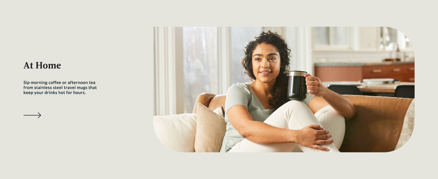 woman couch mug travel clean nice home living sup coffee tea stainless steel hot comfy black silver