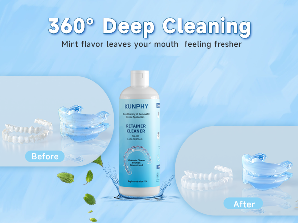 Text reads '360° Deep Cleaning' and 'Before/After'. Product demonstration showing dental cleaning device with blue liquid and mint leaves, emphasizing deep cleaning action between comparison images.