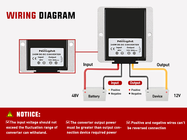 Nilight 240W 48V 36V to 12V 20A DC Converter Regulator Reducer with Fuse