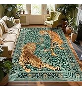Joydeco Tiger Print 5x7 Washable Rug for Living Room, Boho Green Cheetah Bedroom Area Rug Non Sli...