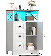 Yoobure Storage Cabinet with Doors and Shelves, LED Coffee Bar Cabinet with Power Outlet, Farmhou...
