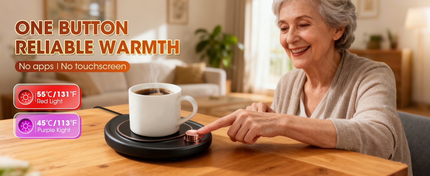 Text reads 'ONE BUTTON RELIABLE WARMTH'. Coffee mug on warming plate device shown on table, with product packaging visible.