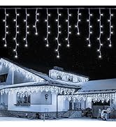 Qunlight LED Icicle Lights, 300 LEDs, 33ft, 8 Modes, Curtain Fairy Light with 50 Drops, Clear Wir...
