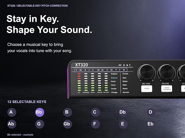 XT320 pitch correction with 12 selectable musical keys to tune vocals to your song.