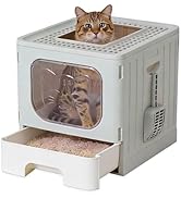 OLIXIS Cat Litter Box with Lid, Large Foldable Cat Box with Litter Scoop, Front Entry Top Exit Ki...