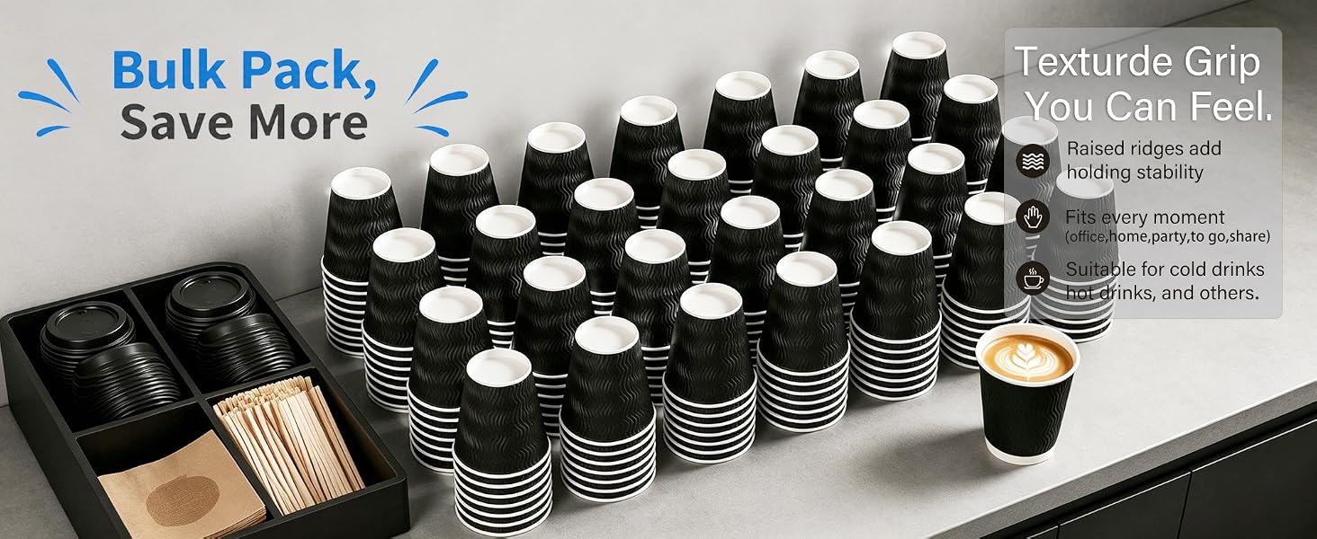 12 oz Disposable Paper Coffee Cups 100 Pack, Leak Proof Insulated Ripple Wall To-Go Cups