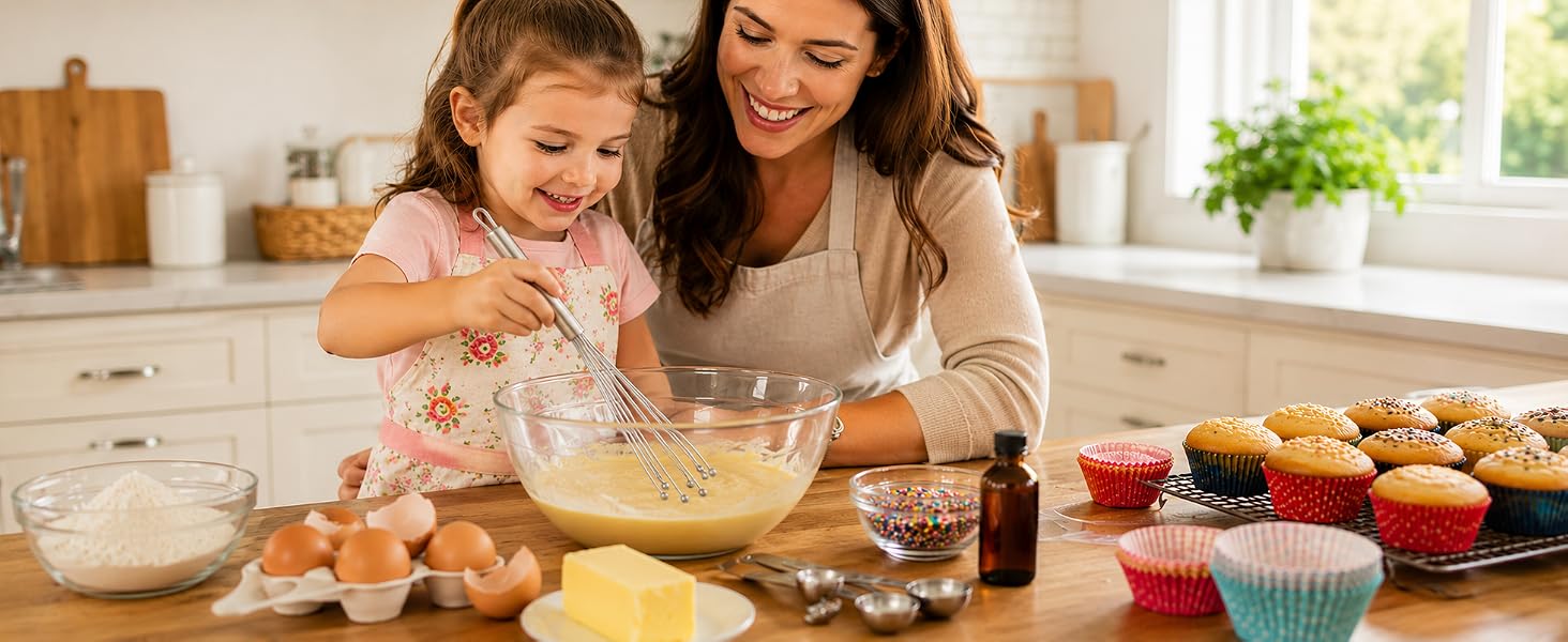 mother daughter mixing muffin batter