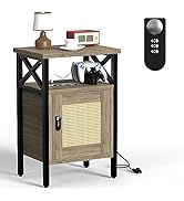 runjuly Rattan Nightstand with Lock, End Table with Charging Station, Side Table with Rattan Door...