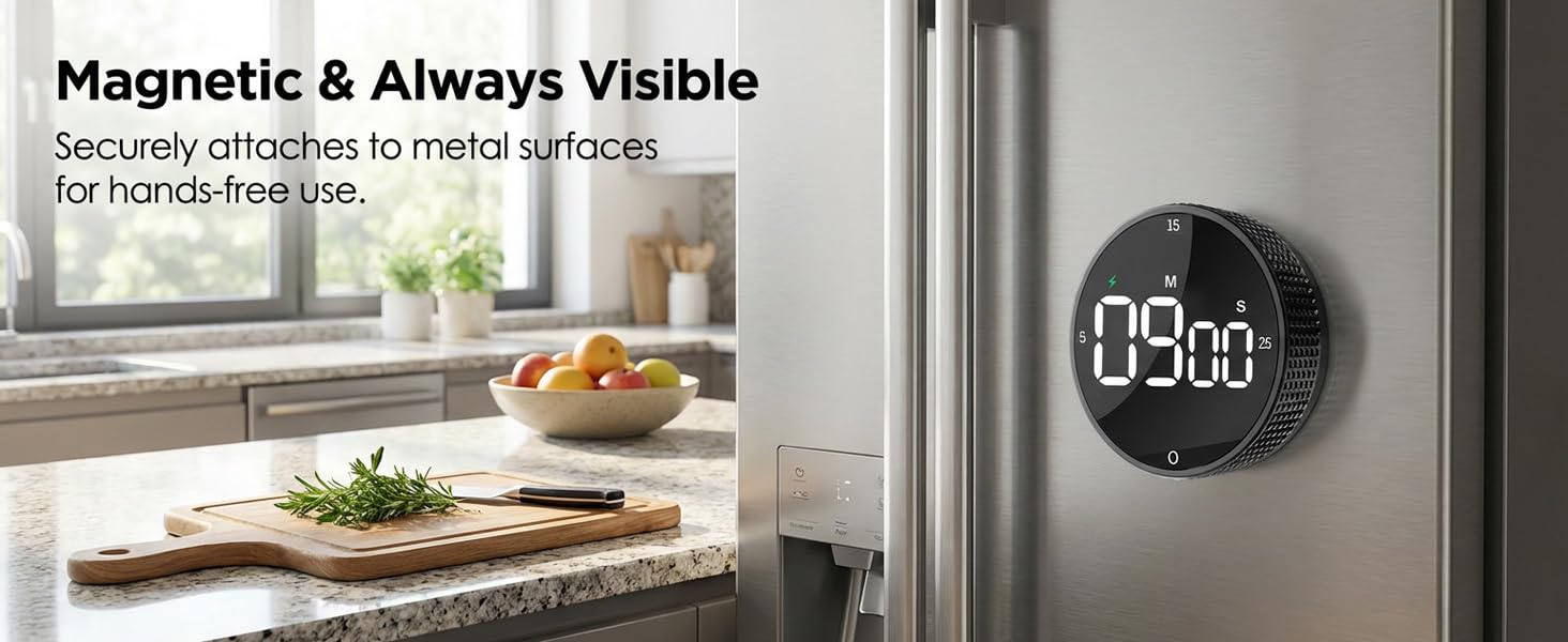 Text reads 'Magnetic &amp; Always Visible'. Kitchen countertop scene with window in background, showcasing the visibility concept mentioned in text.
