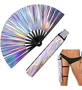 FOWSRHRG Glitter Large Rave Folding Hand Fan with Holster, 13" Laser Rave Handheld Fan for Women,...