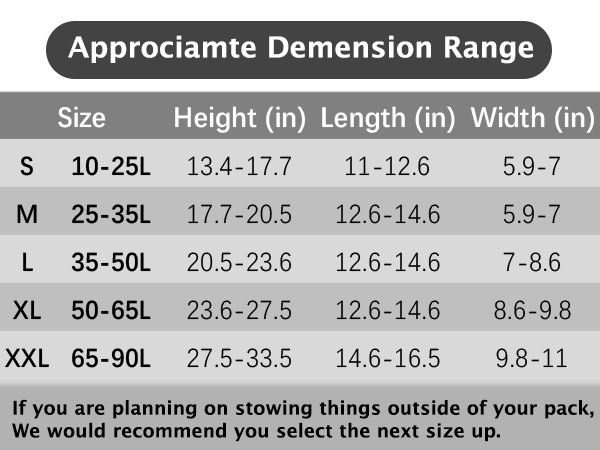 If you want to stowing things outside of your pack, We would recommend you select the next size up.