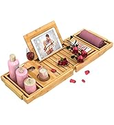 Bathtub Tray Bath Caddy Tray for Tub - with Expandable Board and Book Stand Premium Leather Grip ...