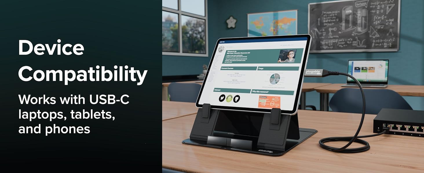 Plugable USBC to Ethernet adapter shown with tablet, highlighting USB-C device compatibility.