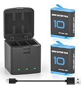 EERSY 2 Pack Batteries fit for GoPro-Hero 10, Hero 9 Black, 3-Channel Battery Charger Station for...