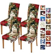 THISFIND Christmas Chair Covers Set of 4, Cute Cat Dining Chair Slipcovers with Poinsettia, Pinec...