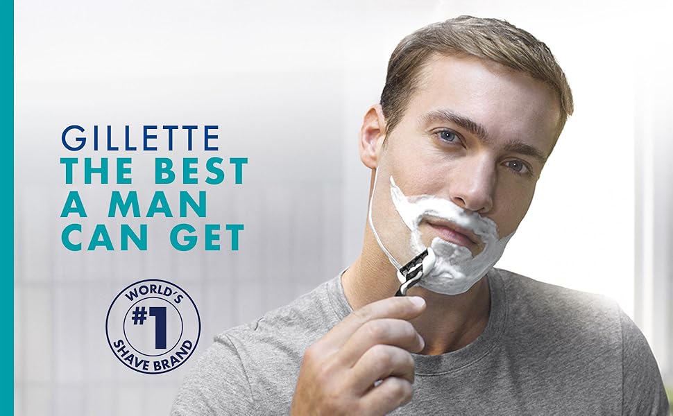 A man shaving his face with a Gillette Mach3, features 'Gillette the best a man can get' slogan.