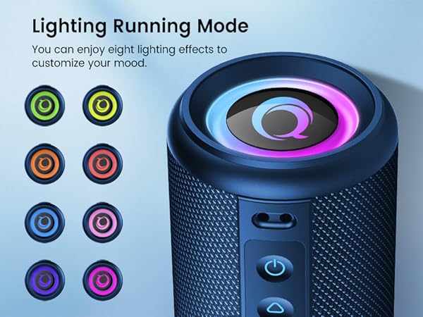 Text reads 'Lighting Running Mode'. Cylindrical bluetooth speaker with circular RGB lighting effects shown in multiple color combinations against blue background.