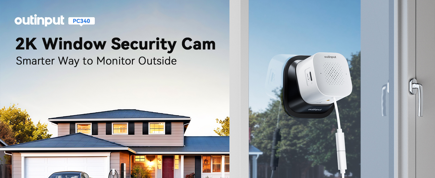 Text reads '2K Window Security Cam'. Outdoor security camera mounted near residential windows, shown from multiple angles.
