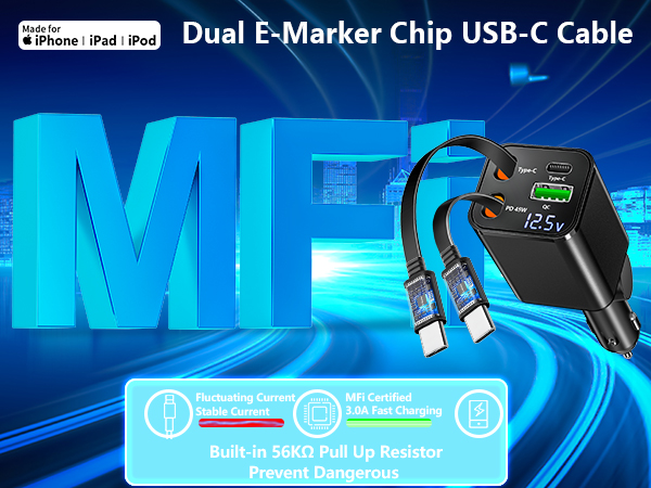 Retractable Car Charger USB C 120W USB C Car Charger 4-IN-1 PD/QC Power Cigarette Lighter Adapter