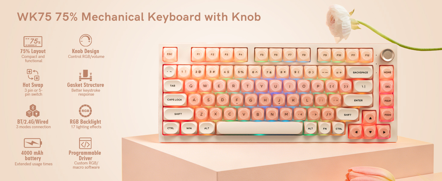 WK75 75% Mechanical Keyboard with Knob with several functions
