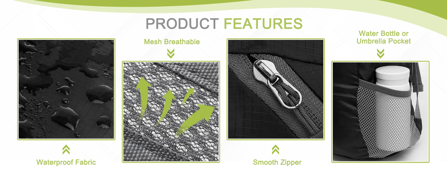 SUIKIHUM backpack features: waterproof, breathable mesh, smooth zipper, water bottle pocket.