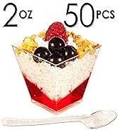 DLux 50 x 2 oz Square Mini Dessert Cups with Spoons, Gold Glitter Clear Plastic Parfait Appetizer...