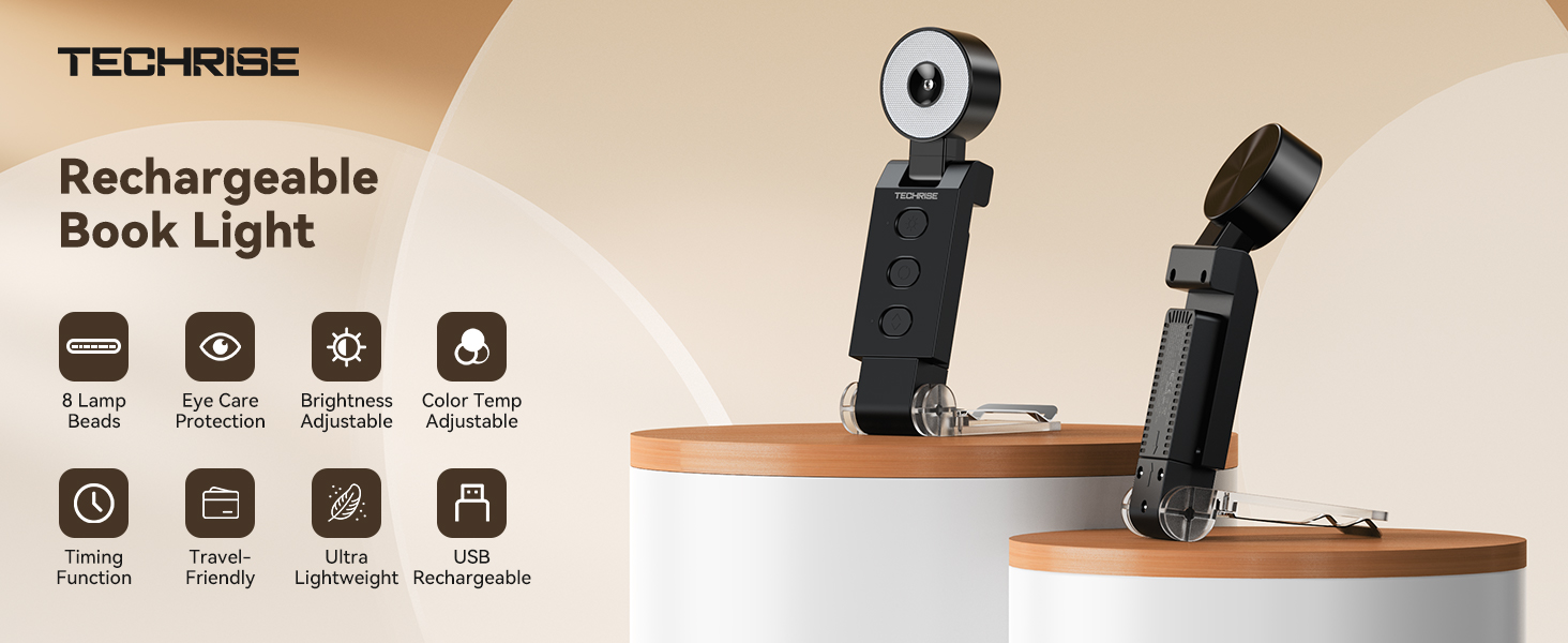 TechRise Book Light, 8 LED Rechargeable Reading Lamp with 5 Color Modes &amp;amp;amp; 6 Brightness Levels