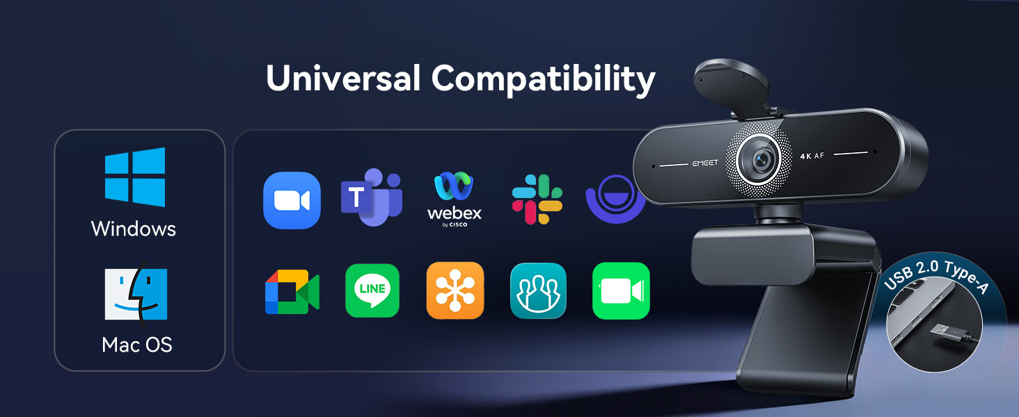 EMEET C60E 4K Webcam Broad Compatibility