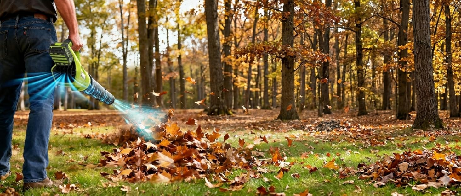 A pristine backyard with fallen autumn leaves scattered across a well-manicured lawn