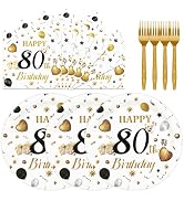 HFBOBP 75PCS 80th Birthday Plates and Napkins Party Decorations, 7 Inch White and Gold Happy Birt...