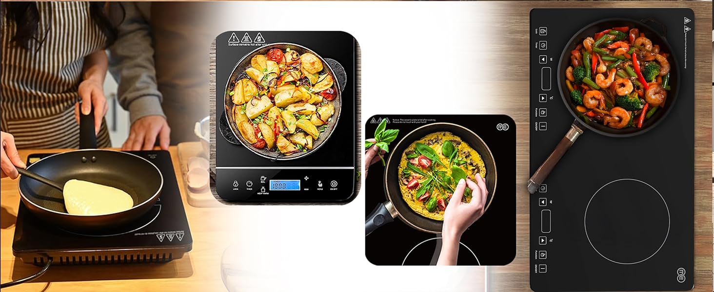 Single and double induction cooktops cooking various meals