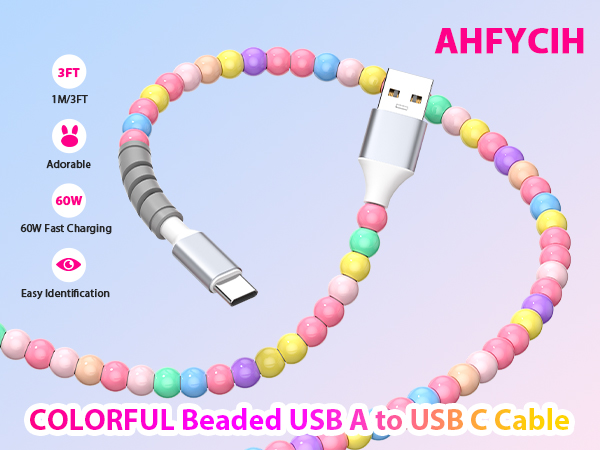 60W Beaded USB A to USB C Carplay Cable 3FT for iPhone 17 Pro Max 16 15