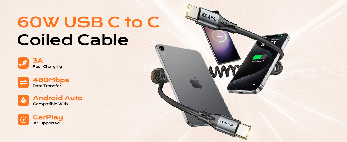 60W USB C to C Coiled Cable