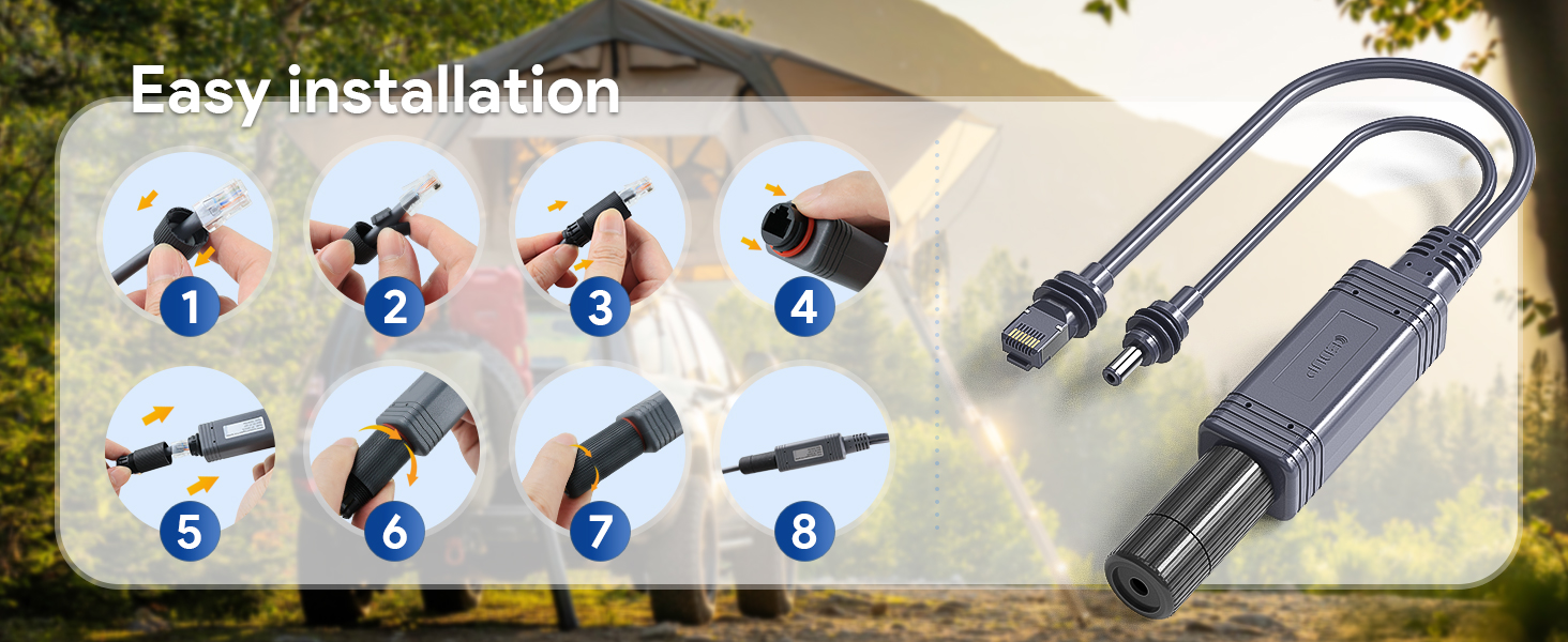 Installation guide for cable connector. Eight numbered steps shown with hand illustrations. Large image of black plastic connector with cable attached on right side.
