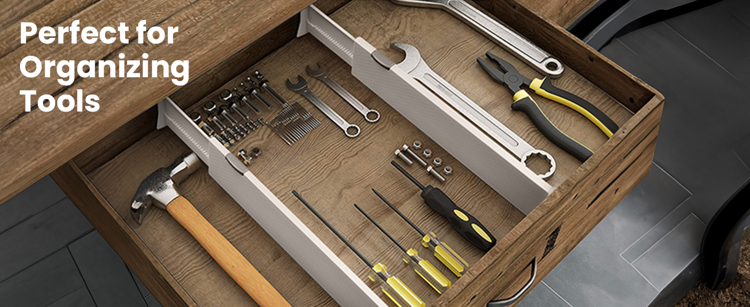 Drawer Dividers being used for tools cabinet shelf