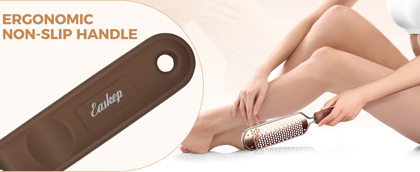 Split image: Left shows brown ergonomic non-slip handle. Right displays person using a cylindrical brush on their leg, demonstrating a grooming or massage tool.