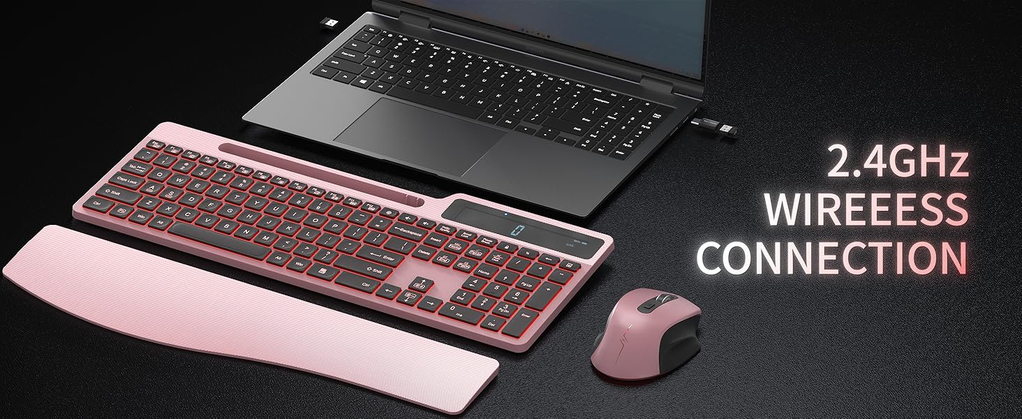 Wireless Keyboard Mouse Combo, Full Size Ergonomic Keyboard