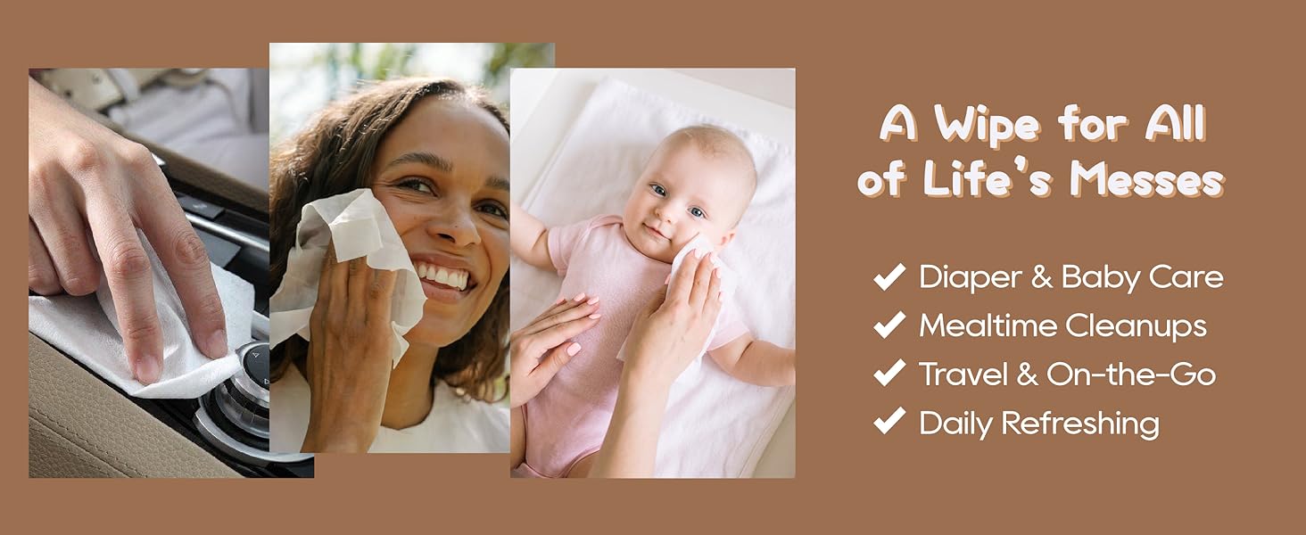 All-purpose bamboo baby wipes for travel, diaper changes, and mealtime cleanups on-the-go.