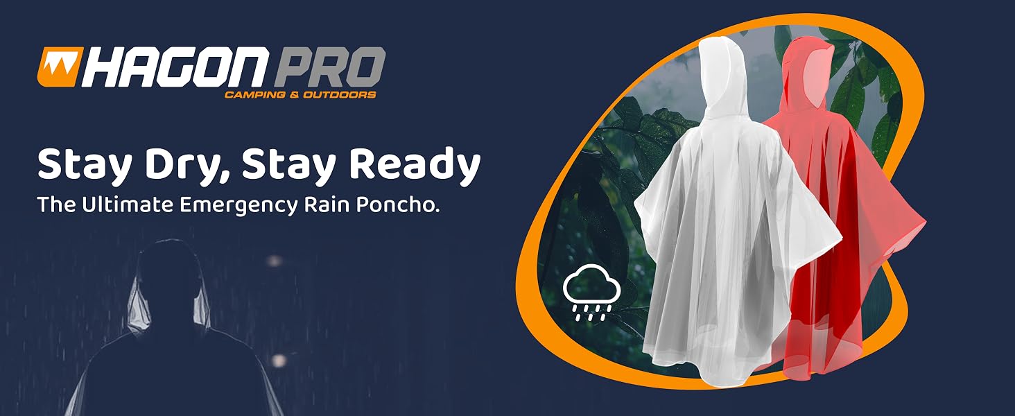 Emergency rain poncho in use during heavy rain with product showcase in white and red