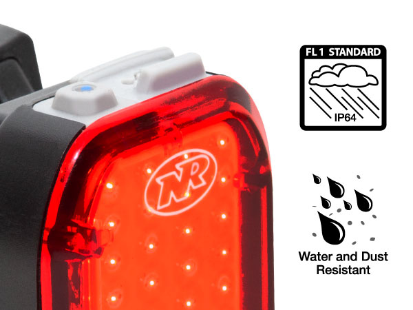 IP64 rated waterproof water resistant and dust resistant bike rear light close up of sealed ports