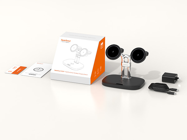 Product packaging and components of a security camera system including two white spherical cameras, mounting stand, and power adapter against white background.