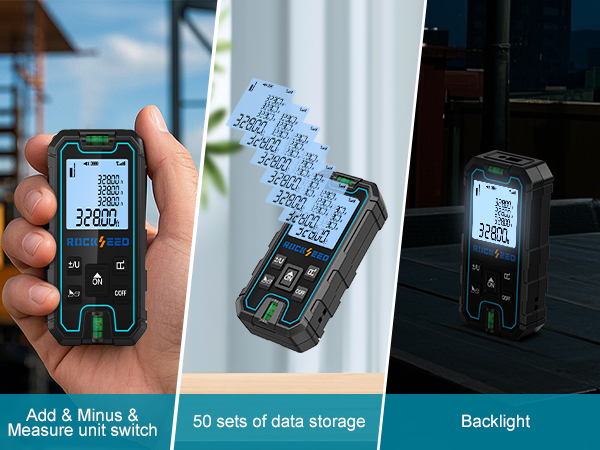 Text reads 'Add &amp; store 6 measures and notes', '50 sets of data storage', 'Backlight'. Digital laser measure device shown in three views demonstrating display and measurement features.