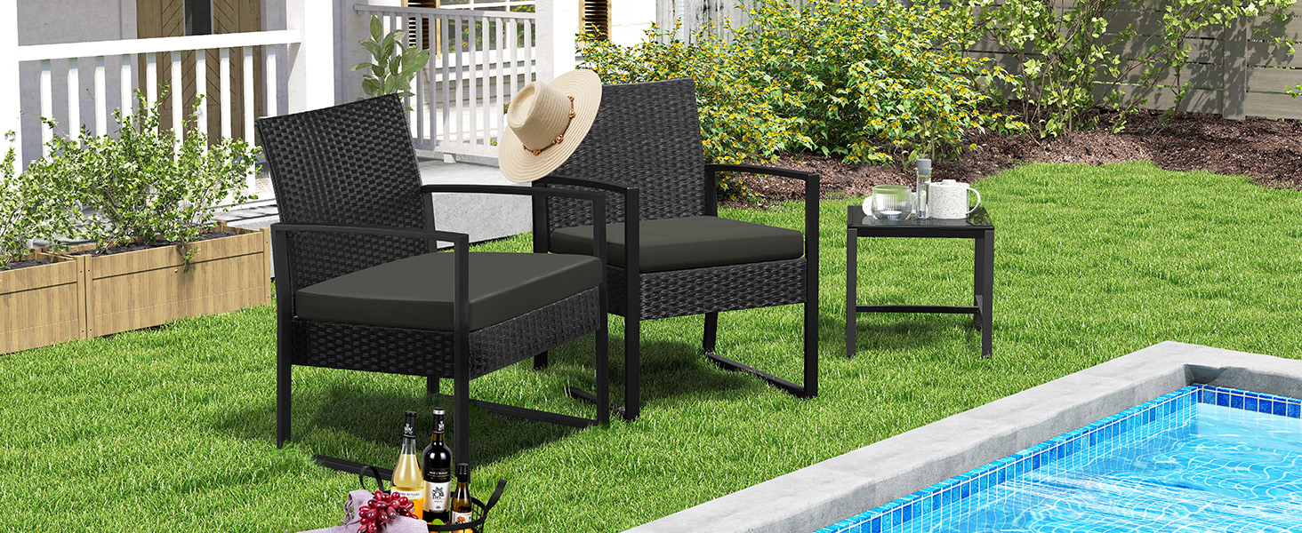 3-Piece Patio Set Rattan Chairs &amp; Table