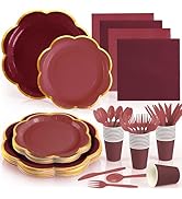 168Pcs Burgundy Paper Plates and Napkins Party Supplies, Maroon Scalloped Plates with Gold Rim, B...
