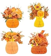 NICROHOME EUR Fall Decoration, 4 PCS Honeycomb Paper Vase Set with Artificial Flowers Pumpkin, Br...