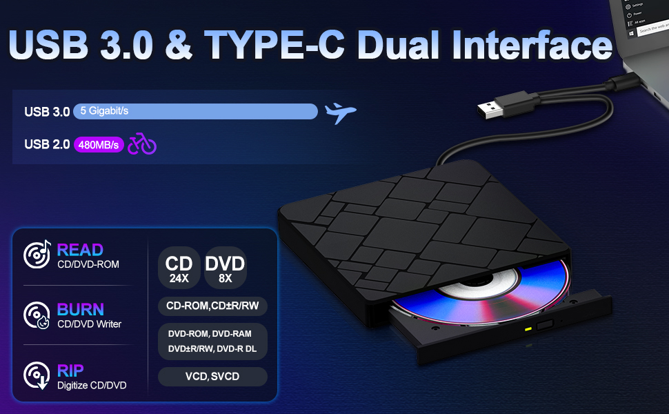 External CD DVD Drive for Laptop USB 3.0 USB-C DVD Player CD ROM Burner Reader Writer Disc Drive
