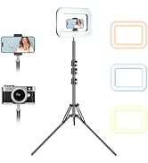 Rechargeable Ring Light with Stand for Video Recording, Dimmable Lighting Tripod for iPhone, Squa...