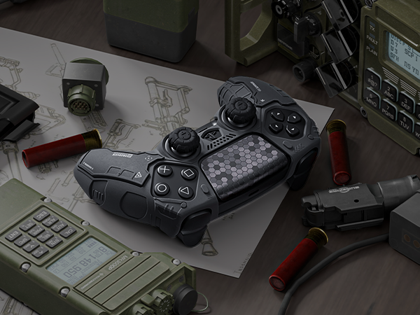 Text reads 'Protecteur d'objectif individuel'. Gaming controller and keyboard visible on dark surface with ambient lighting.