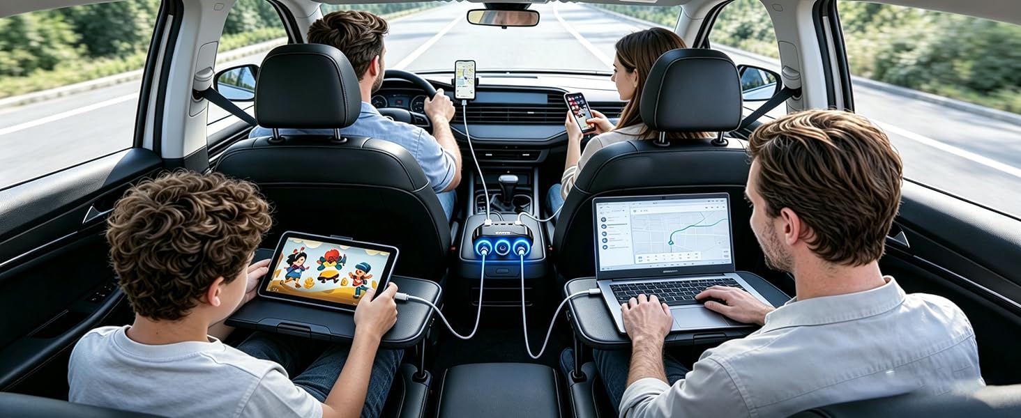 Family road trip essential car charger powering kids tablets, gaming consoles, and parents phones.